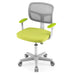 Modern office chair with green cushioned seat, green armrests, gray mesh backrest, and white base with wheels