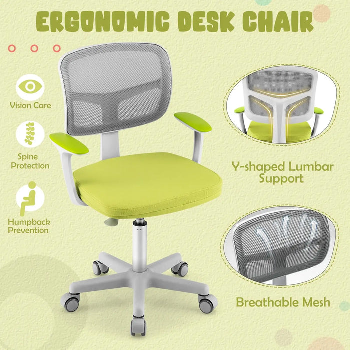 Ergonomic office desk chair with green cushioned seat, white frame, mesh backrest, lumbar support, and caster wheels
