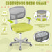 Ergonomic office desk chair with green cushioned seat, white frame, mesh backrest, lumbar support, and caster wheels
