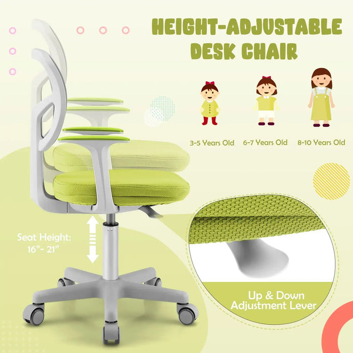 Height-adjustable green desk chair for kids ages 3-10 with up and down lever and 16-21 inch seat height