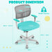 Light blue swivel computer desk chair with mesh backrest and adjustable dimensions, 150kg capacity