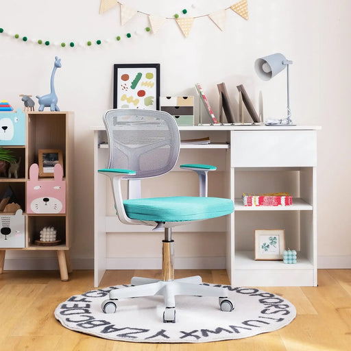 Modern turquoise swivel desk chair with mesh back in a bright kids' study room