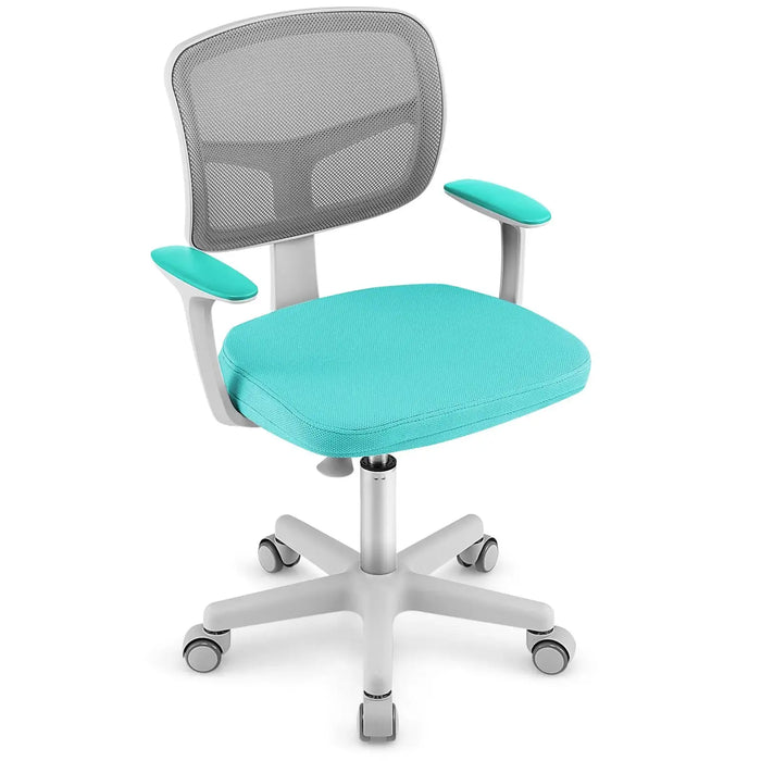 Ergonomic swivel computer chair with turquoise fabric seat, armrests, and mesh backrest on white base with wheels