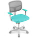 Ergonomic swivel computer chair with turquoise fabric seat, armrests, and mesh backrest on white base with wheels