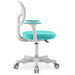 Swivel office desk chair with turquoise fabric seat and white plastic frame on caster wheels