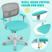 Well-made turquoise and gray swivel computer desk chair for kids with mesh back, armrests, rounded corners, and adjustable gas pole.