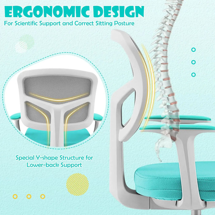 Ergonomic office chair with turquoise cushion and mesh back featuring Y-shape lower back support