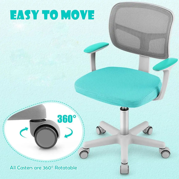 Ergonomic swivel office chair with turquoise cushion, mesh back, armrests, and 360° rotating casters