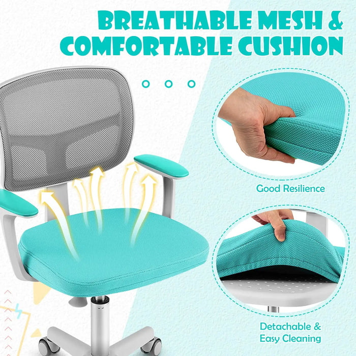 Blue mesh swivel office chair with cushion, ergonomic armrests, and breathable back support