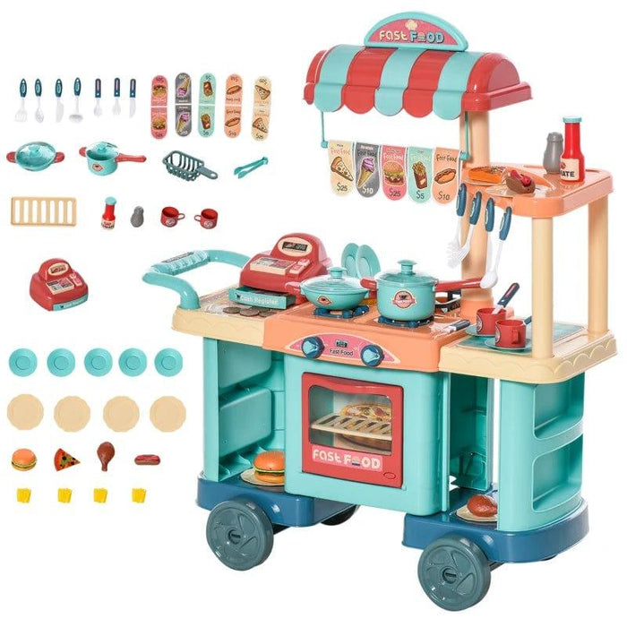 Fast Food Trolley Cart with Play Food, Cashier Register and 50 Accessories - Little and Giant Explorers HOMCOM