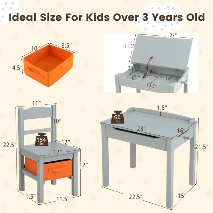 Kids Flip Top Desk and Chair Set Grey | Educational Furniture with Storage - Little and Giant Explorers Costway