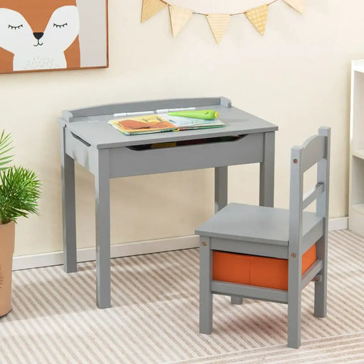 Kids Flip Top Desk and Chair Set Grey | Educational Furniture with Storage - Little and Giant Explorers Costway