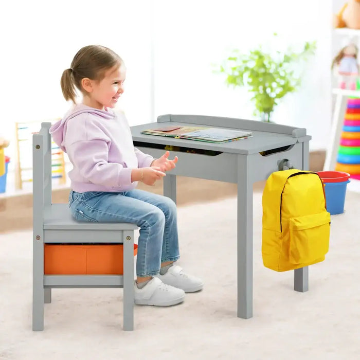 Kids Flip Top Desk and Chair Set Grey | Educational Furniture with Storage - Little and Giant Explorers Costway