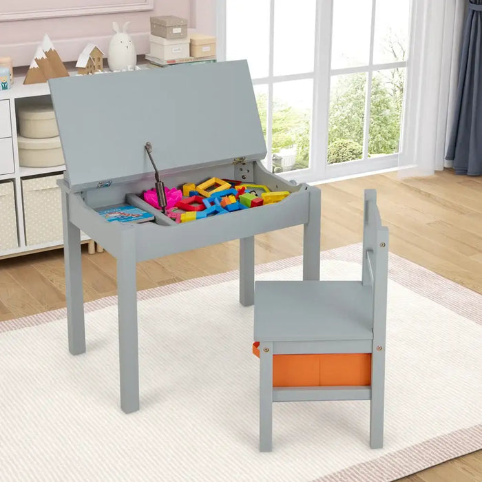 Kids Flip Top Desk and Chair Set Grey | Educational Furniture with Storage - Little and Giant Explorers Costway