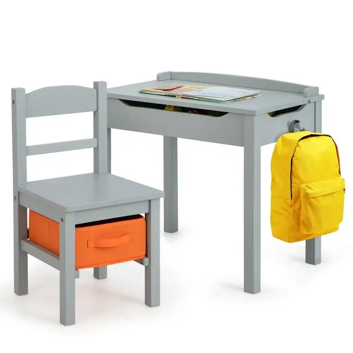 Kids Flip Top Desk and Chair Set Grey | Educational Furniture with Storage - Little and Giant Explorers Costway