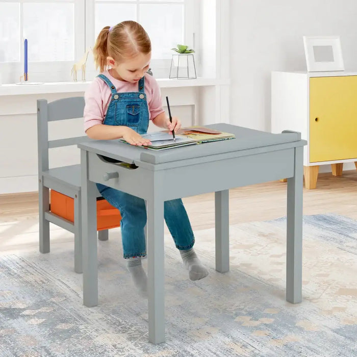 Kids Flip Top Desk and Chair Set Grey | Educational Furniture with Storage - Little and Giant Explorers Costway