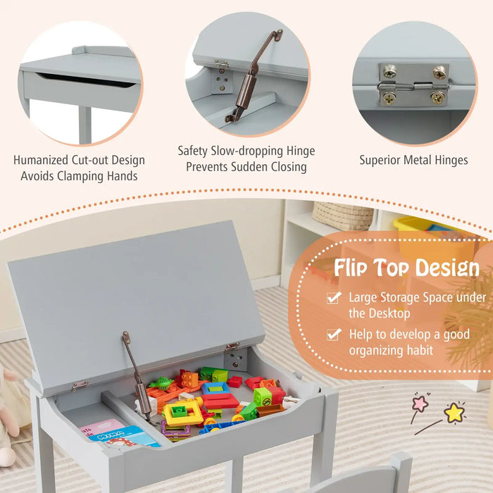 Kids Flip Top Desk and Chair Set Grey | Educational Furniture with Storage - Little and Giant Explorers Costway