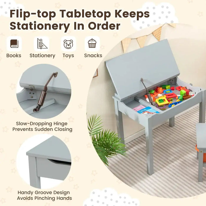 Kids Flip Top Desk and Chair Set Grey | Educational Furniture with Storage - Little and Giant Explorers Costway