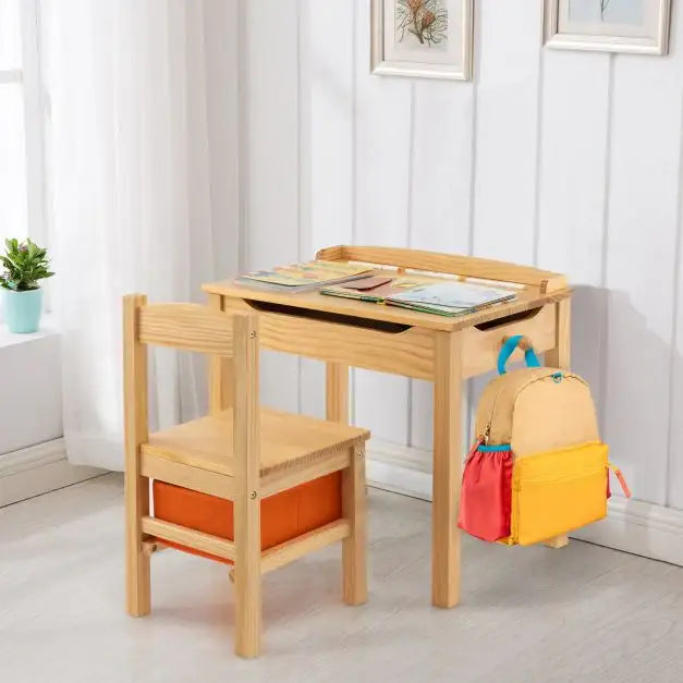 Kids Flip Top Desk and Chair Set Natural Pine Wood | Storage Box with Safety Hinges - Little and Giant Explorers Costway