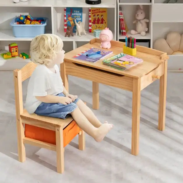 Kids Flip Top Desk and Chair Set Natural Pine Wood | Storage Box with Safety Hinges - Little and Giant Explorers Costway