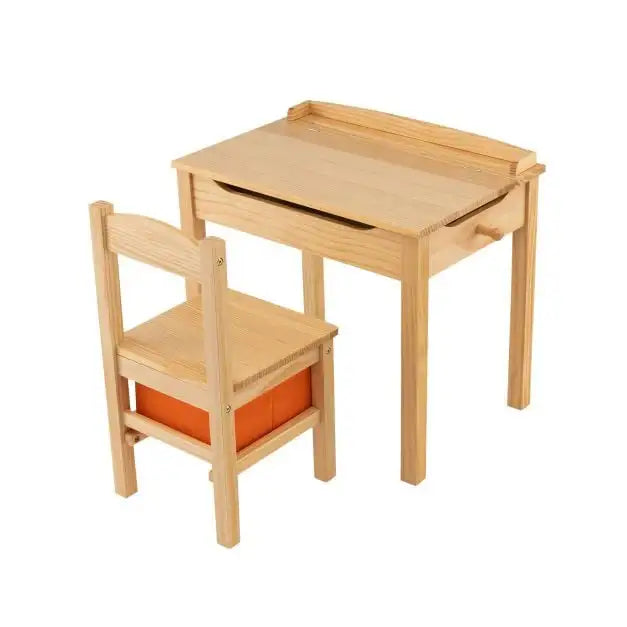 Kids Flip Top Desk and Chair Set Natural Pine Wood | Storage Box with Safety Hinges - Little and Giant Explorers Costway
