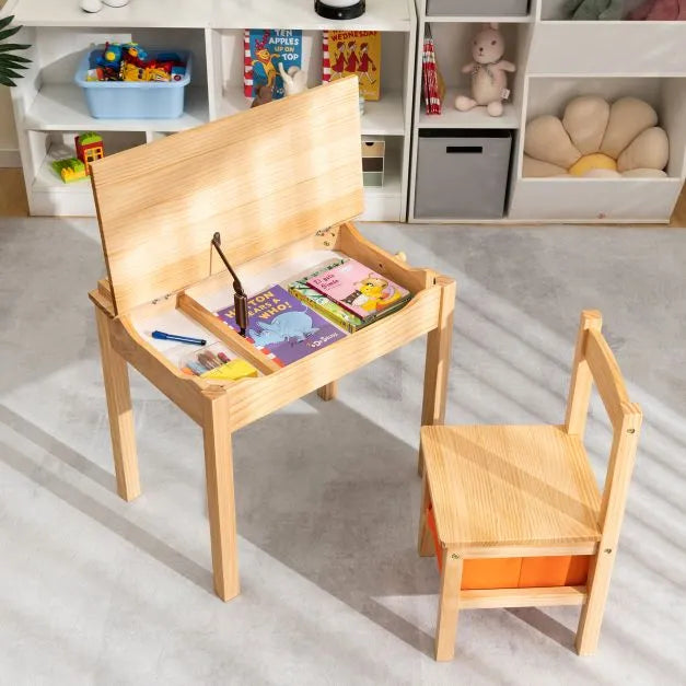 Kids Flip Top Desk and Chair Set Natural Pine Wood | Storage Box with Safety Hinges - Little and Giant Explorers Costway