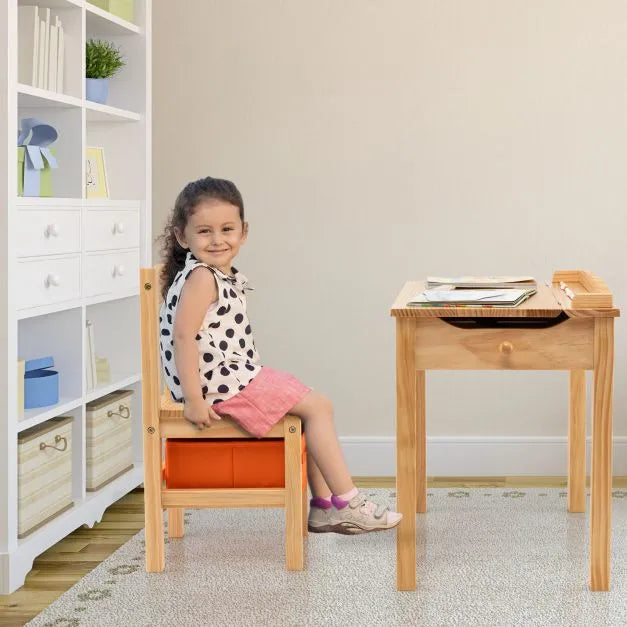 Kids Flip Top Desk and Chair Set Natural Pine Wood | Storage Box with Safety Hinges - Little and Giant Explorers Costway