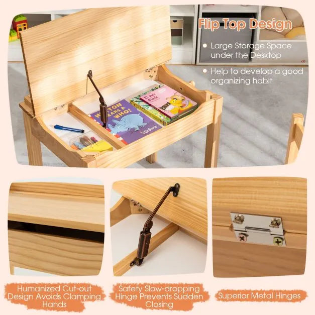 Kids Flip Top Desk and Chair Set Natural Pine Wood | Storage Box with Safety Hinges - Little and Giant Explorers Costway