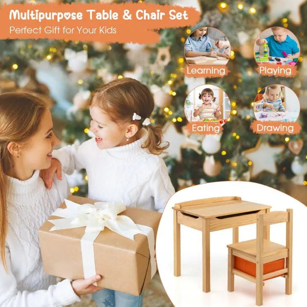 Kids Flip Top Desk and Chair Set Natural Pine Wood | Storage Box with Safety Hinges - Little and Giant Explorers Costway