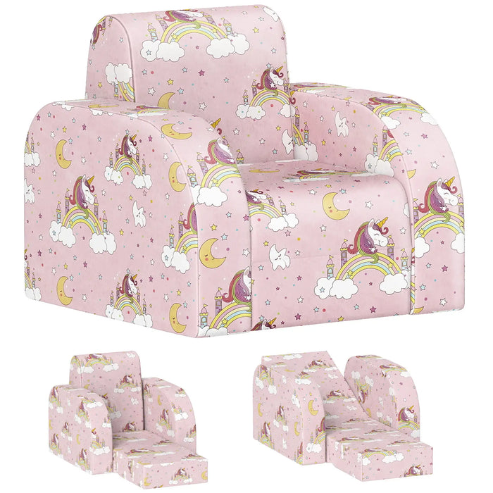 Pink children's foam chair with unicorn, rainbow, star, moon, and castle print, convertible to bed and recliner