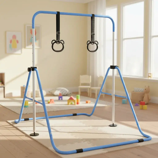 Blue and white adjustable steel gymnastics bar with black bear-shaped rings in bright playroom