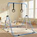 Blue and white adjustable steel gymnastics bar with black bear-shaped rings in bright playroom
