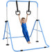 Child in blue gymnastics outfit using blue and silver adjustable steel gymnastics bar with black bear-shaped rings