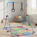Blue adjustable kids gymnastics bar with black rings over colorful alphabet foam mat in a bright playroom