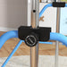 Close-up of adjustable steel knob on blue foldable kids gymnastics bar in modern room