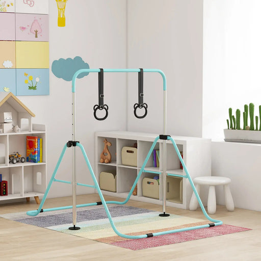 Adjustable kids gymnastics bar with black rings in bright playroom with storage shelves and colorful rug