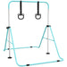 Adjustable children's gymnastics bar with turquoise steel frame and black bear-shaped rings