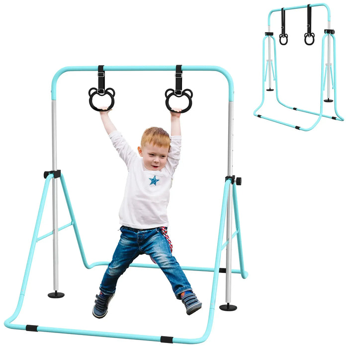 Child playing on green and silver adjustable steel kids gymnastics bar with black bear-shaped rings
