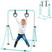 Child playing on green and silver adjustable steel kids gymnastics bar with black bear-shaped rings