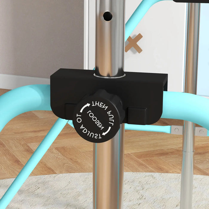Close-up of adjustable locking knob on blue and silver foldable kids gymnastics bar in indoor playroom