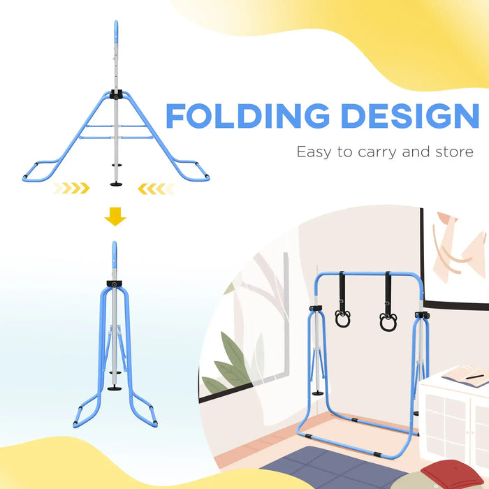 Blue foldable kids gymnastics bar with rings shown unfolded and folded for easy storage in a bright room