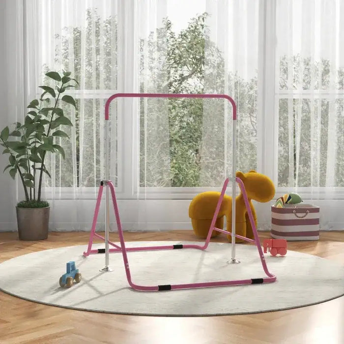 Kids Gymnastics Bar with Adjustable Height and Foldable Training Bar in Pink - Little and Giant Explorers HOMCOM
