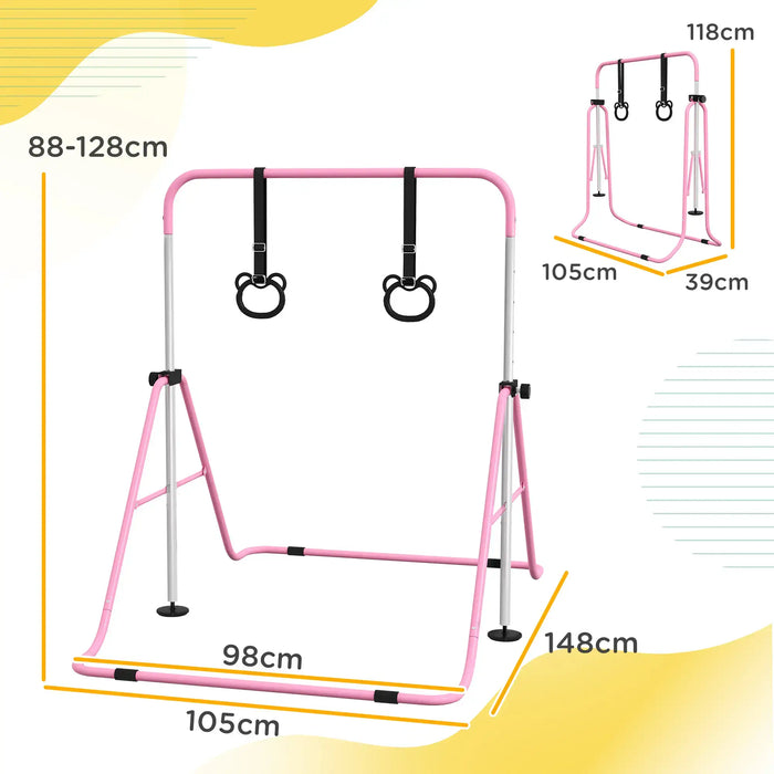 Pink adjustable kids foldable gymnastics bar with bear-shaped rings, steel frame, multiple size dimensions
