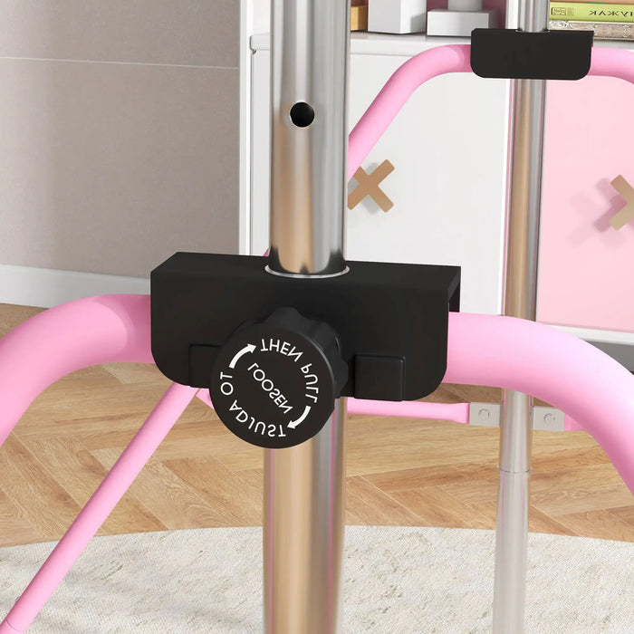 Close-up of adjustable lock knob on pink and steel foldable children's gymnastics bar in playroom