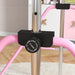 Close-up of adjustable lock knob on pink and steel foldable children's gymnastics bar in playroom