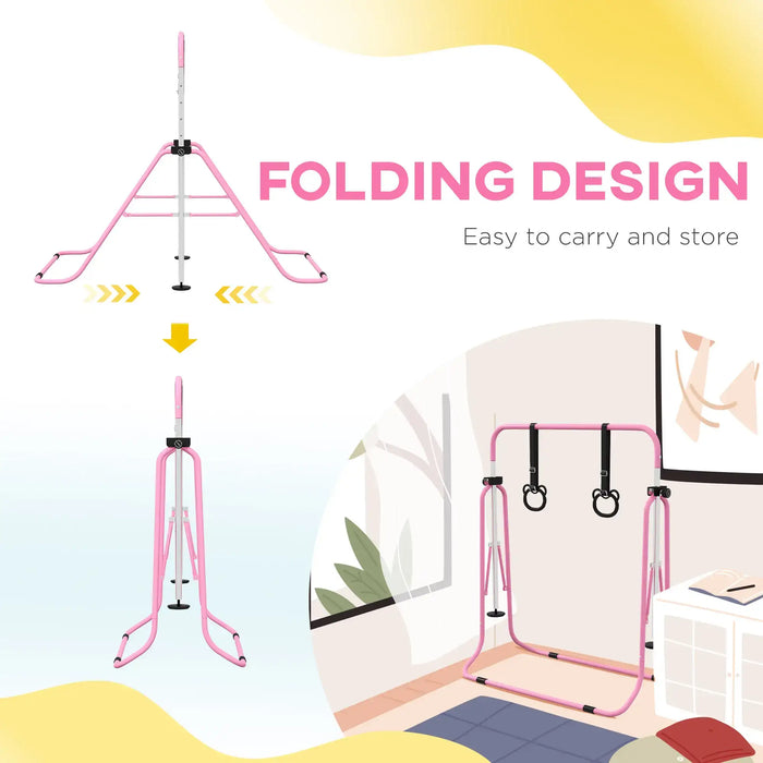 Pink foldable kids gymnastics bar with adjustable rings, easy to carry and store, shown folded and set up in room