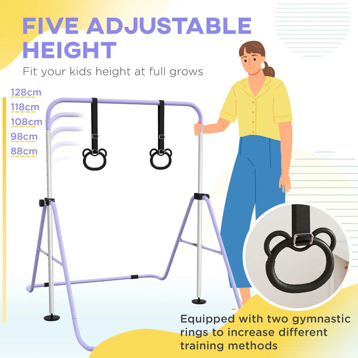 Purple adjustable kids gymnastics bar with five height settings and black gymnastic rings, with woman standing beside it