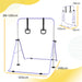 Adjustable purple kids gymnastics bar with bear-shaped rings, foldable steel frame with dimensions