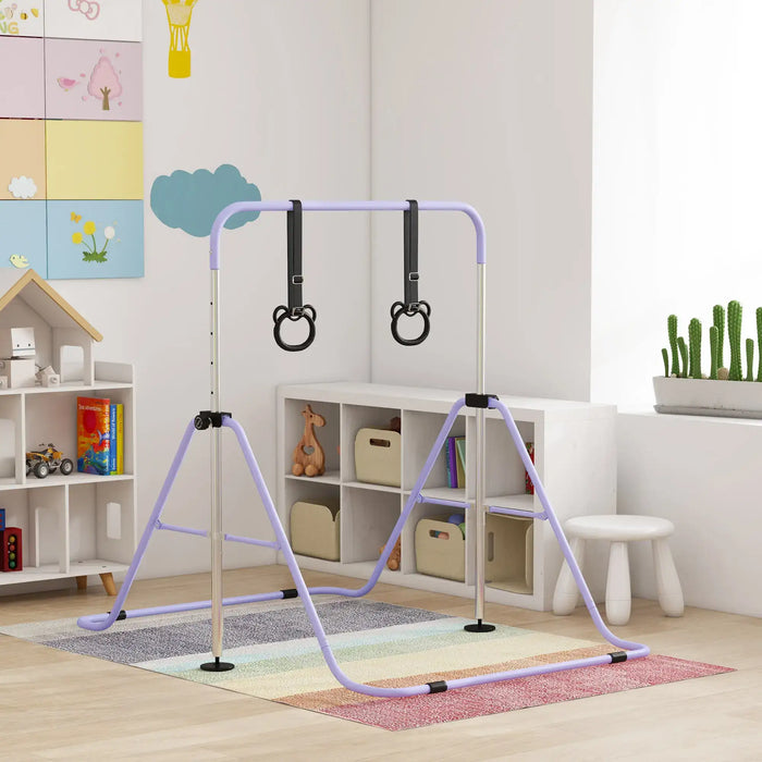 Adjustable purple steel kids gymnastics bar with black rings in bright children's playroom
