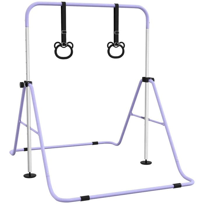 Purple foldable adjustable steel gymnastics bar with black hanging rings for kids